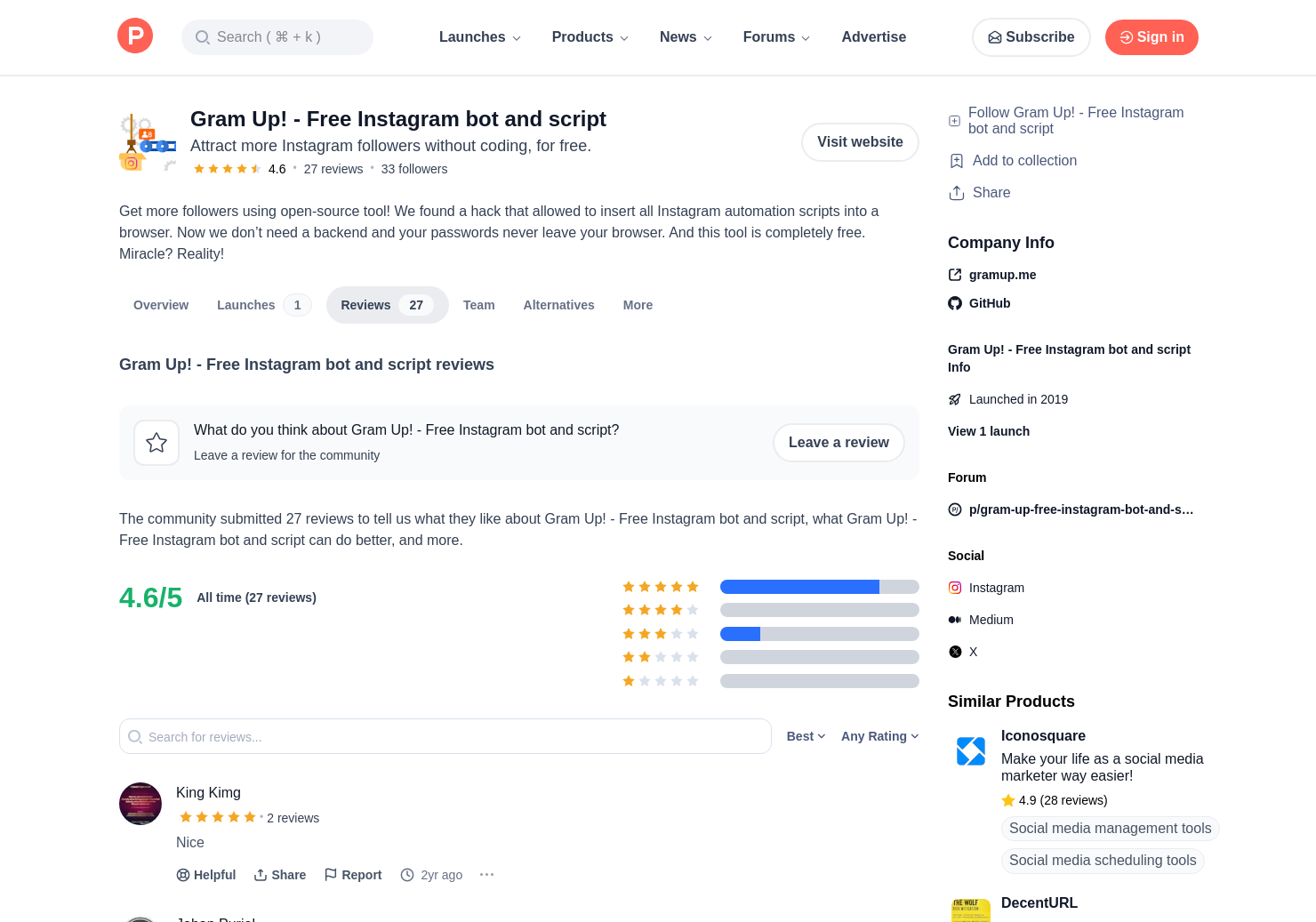 18 gram up free instagram bot and script reviews pros cons and rating product hunt - instagram bot like comment follow automation script